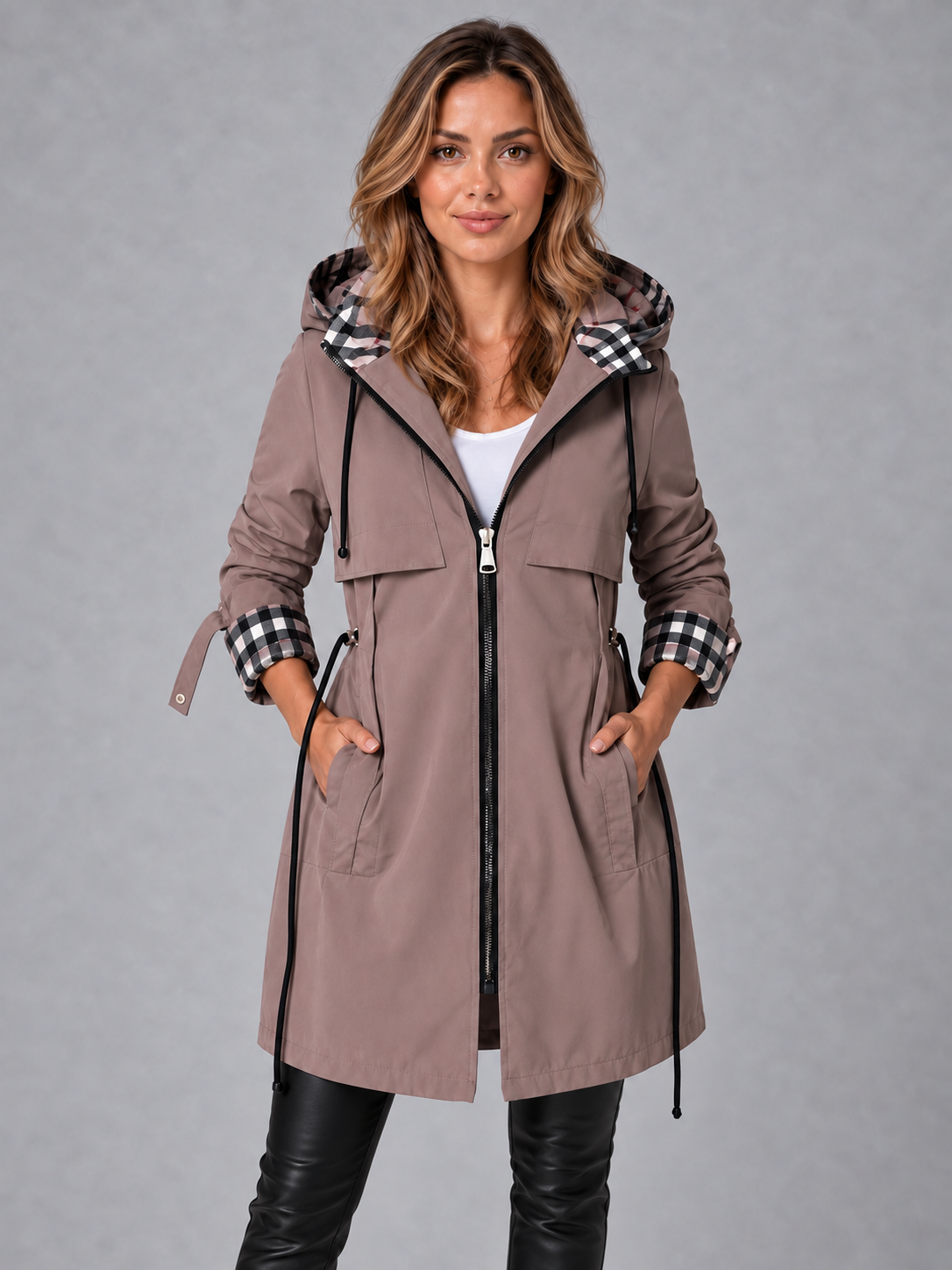 Women's Long Coat - Hooded Drawstring Waist