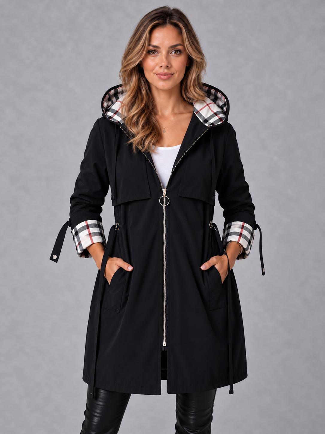 Women's Long Coat - Hooded Drawstring Waist
