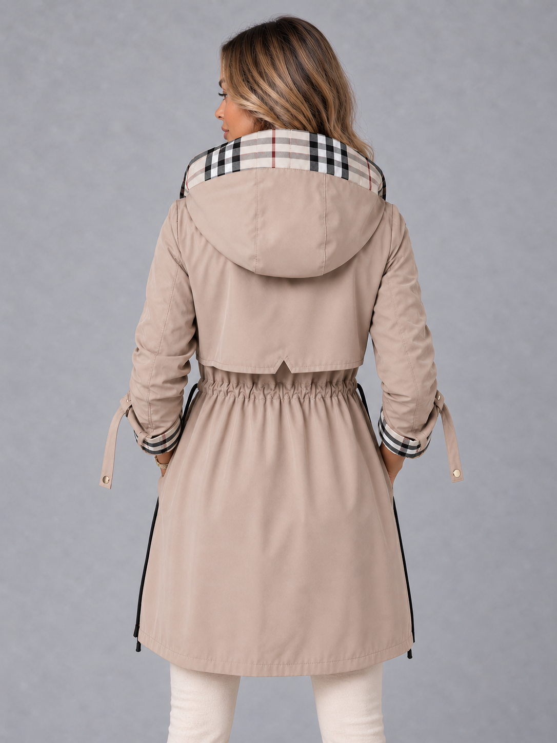 Women's Long Coat - Hooded Drawstring Waist