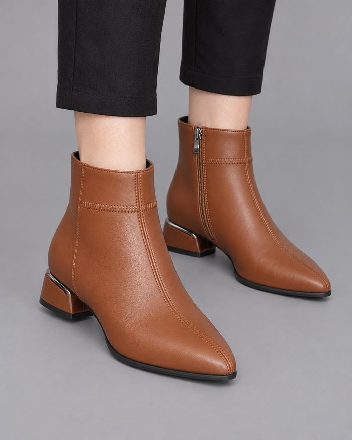 Women's Ankle Boots - Block Heel Pointed Toe Faux Leather Side Zip - Brown - three-quarter view