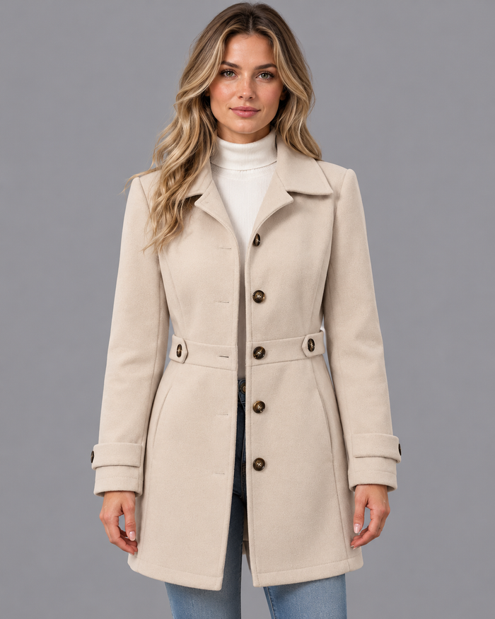 Women's Belted Coat - Button Front Defined Waist Classic Winter Coat - Beige - front view