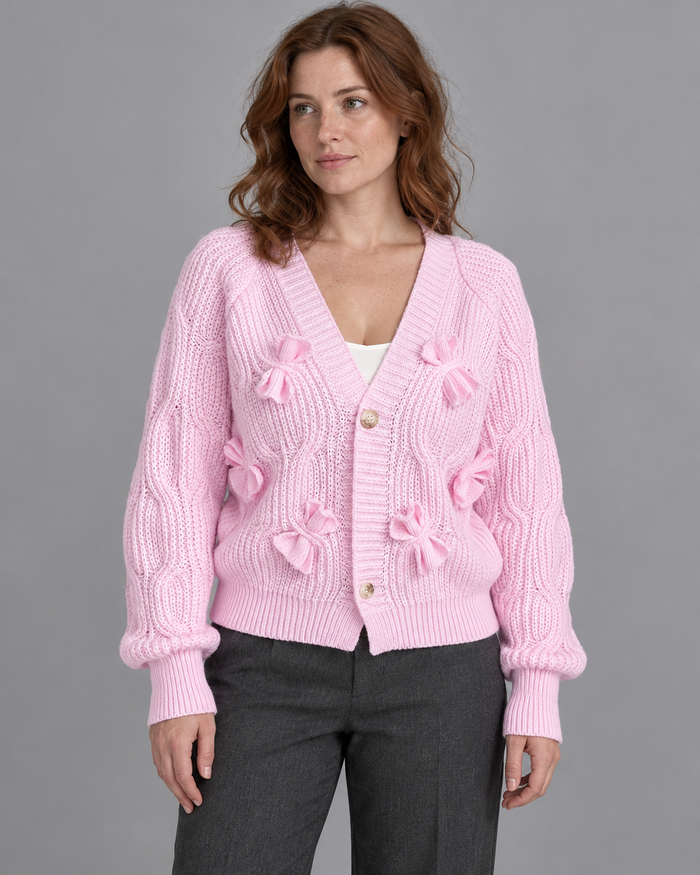 Women's Cardigan - Bow Detail Cable Knit V Neck Button Front - Pink - front view