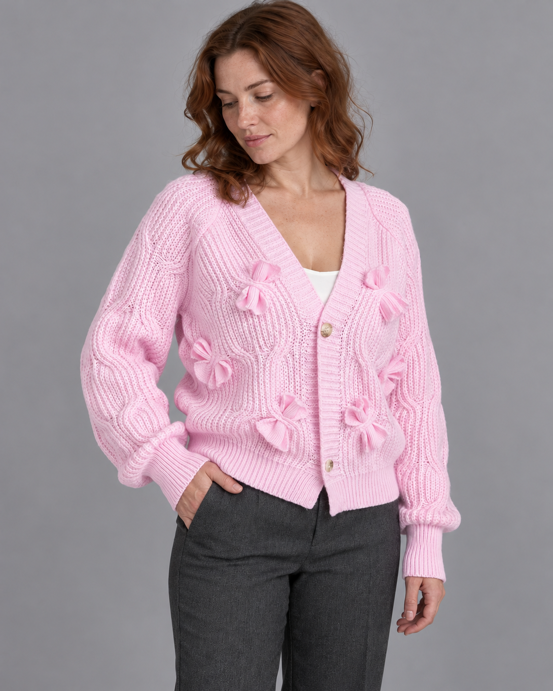 Women's Cardigan - Bow Detail Cable Knit V Neck Button Front - Pink - three-quarter view