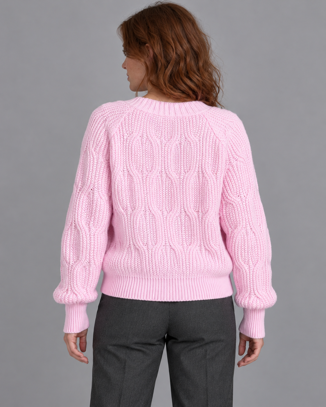 Women's Cardigan - Bow Detail Cable Knit V Neck Button Front - Pink - back view
