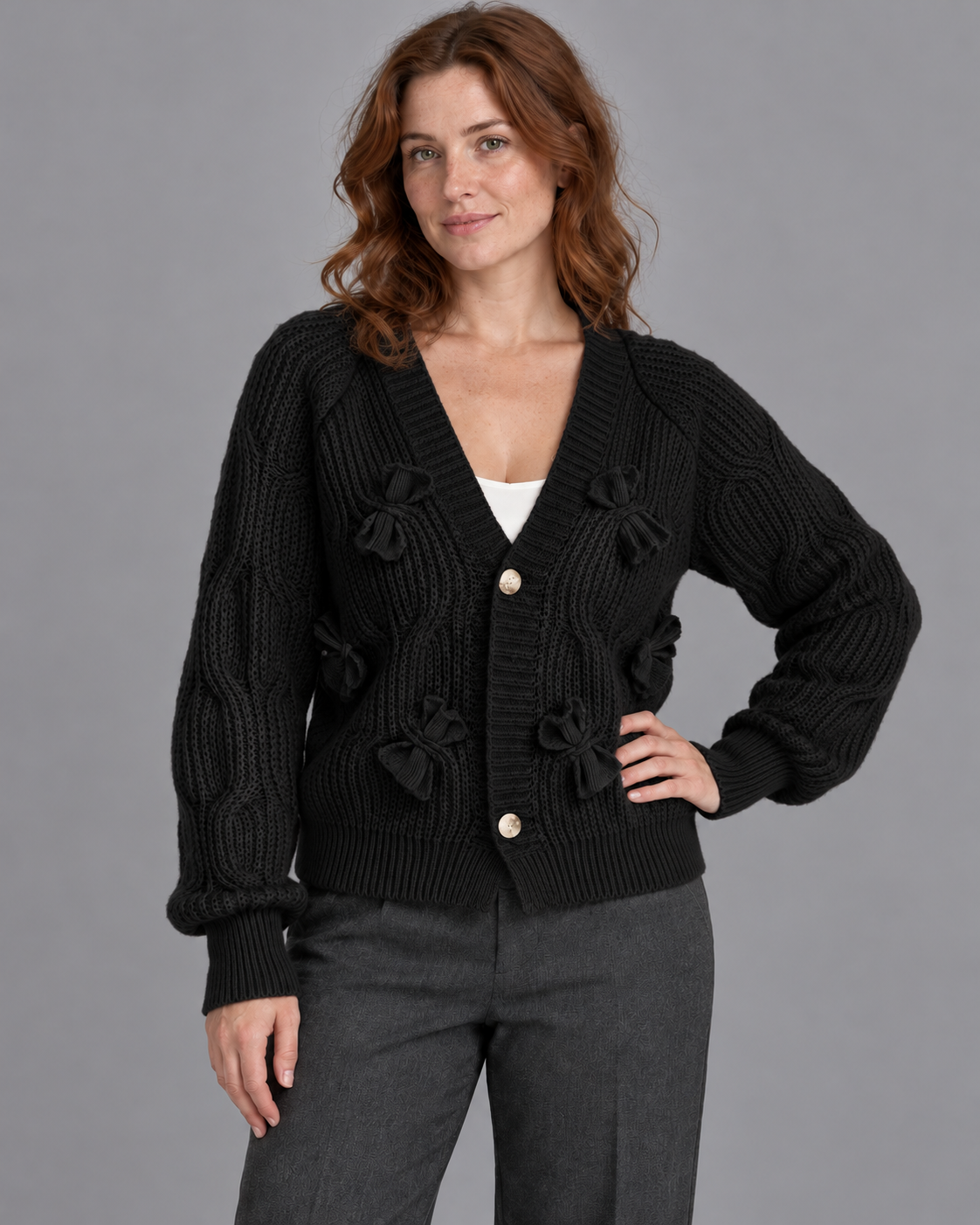 Women's Cardigan - Bow Detail Cable Knit V Neck Button Front - Black - front view