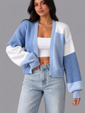 Women's Cardigan - Cropped Colour Block Open Front Ribbed Cuffs