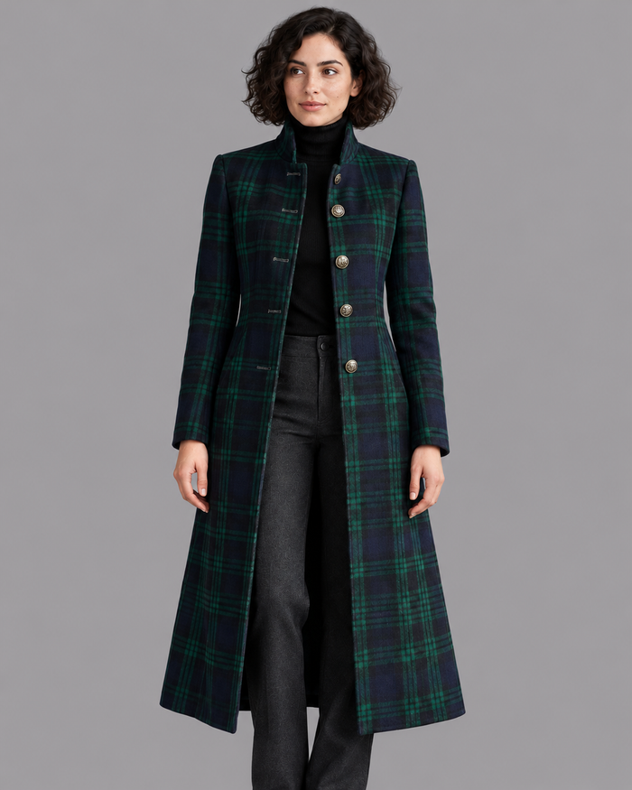 Women's Check Coat - Tartan Wool Blend Classic Winter Overcoat - Navy Green Check - front view