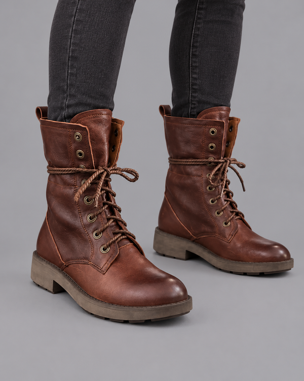 Women's Combat Boots - Lace Up Leather Chunky Rubber Sole Low Heel - Coffee - front view