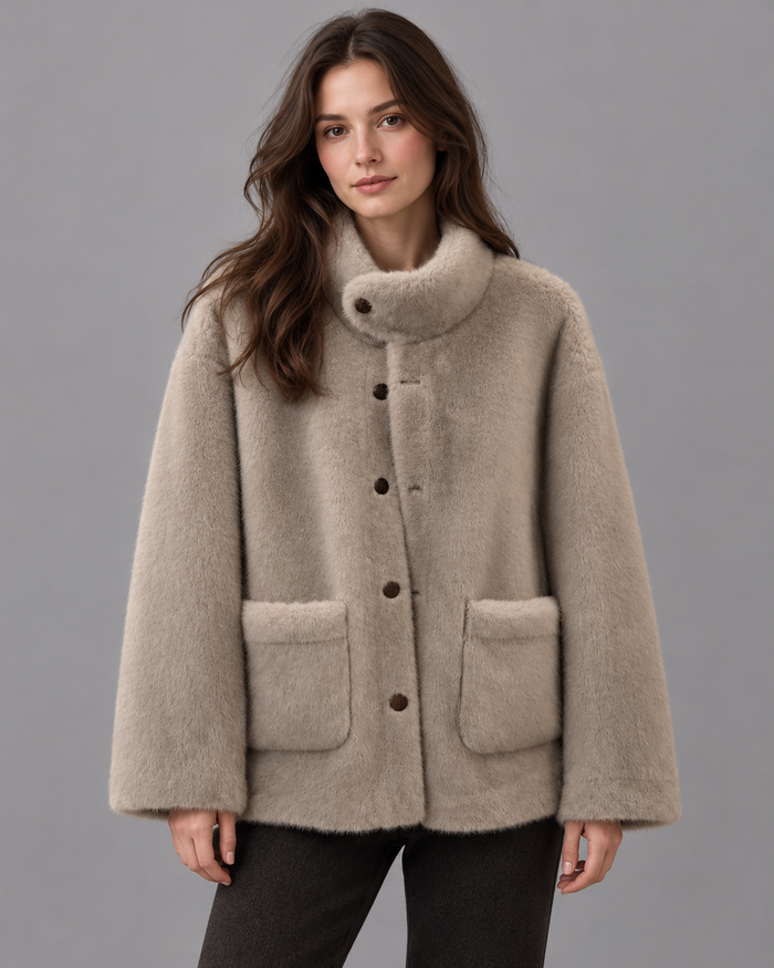 Women's Faux Fur Coat - Mid Length Lined Warm Winter Coat - Grey - front view