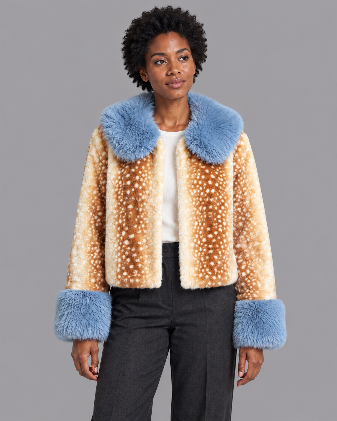 Women's Faux Fur Jacket - Cropped Animal Print Contrast Collar Cuffs - Light Brown - front view
