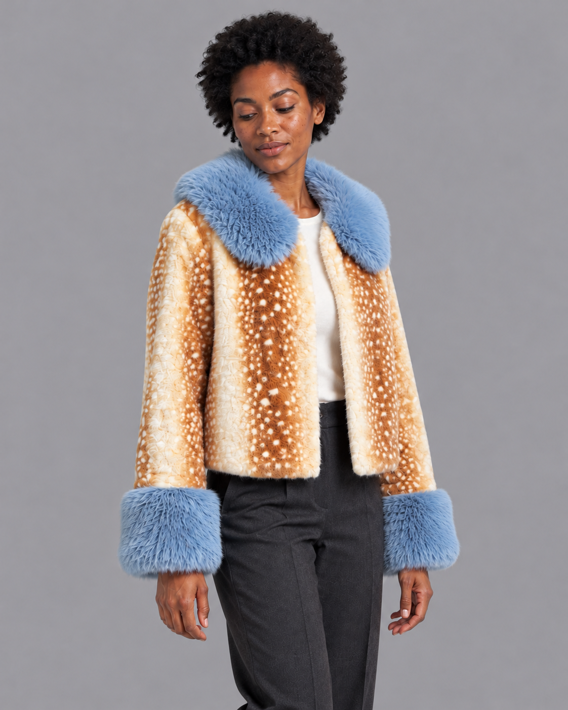 Women's Faux Fur Jacket - Cropped Animal Print Contrast Collar Cuffs - Light Brown - three-quarter view