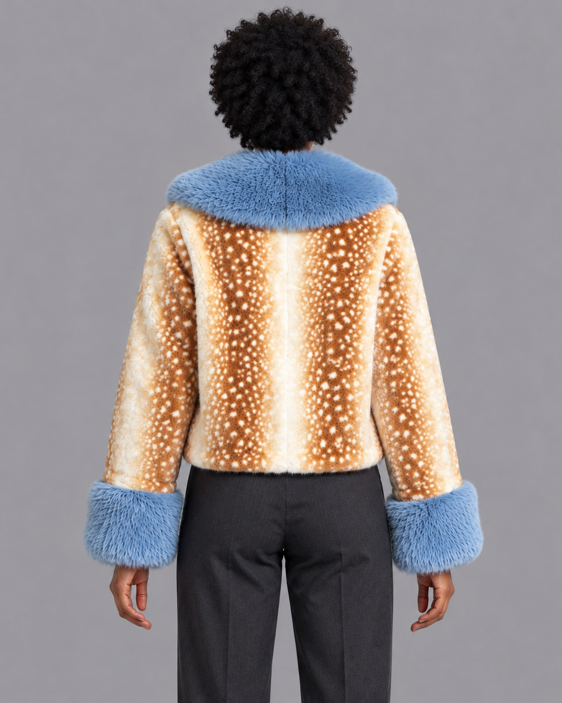 Women's Faux Fur Jacket - Cropped Animal Print Contrast Collar Cuffs - Light Brown - back view