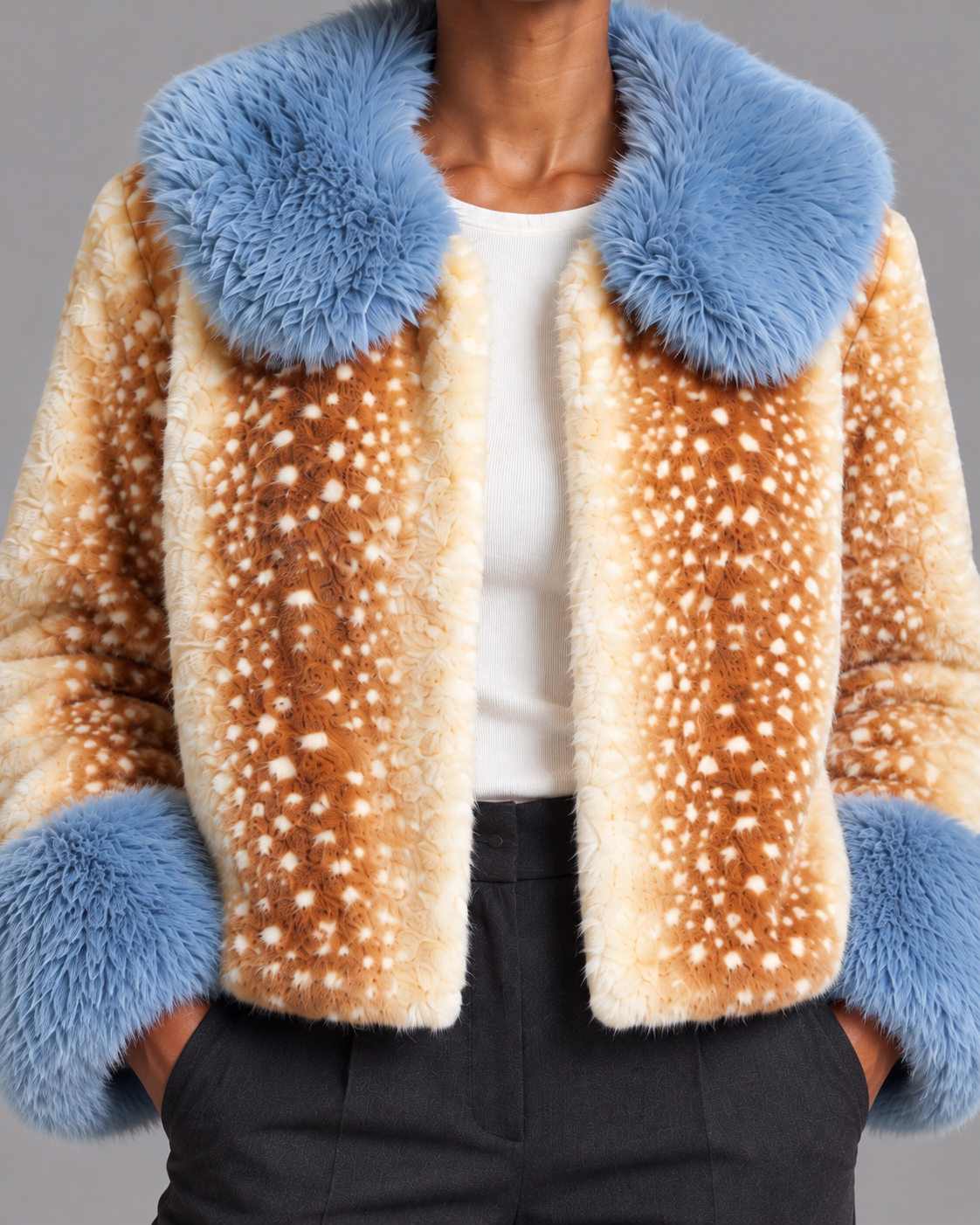 Women's Faux Fur Jacket - Cropped Animal Print Contrast Collar Cuffs - Light Brown - front close-up