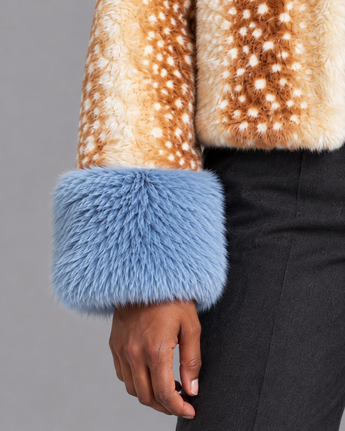 Women's Faux Fur Jacket - Cropped Animal Print Contrast Collar Cuffs - Light Brown - detail