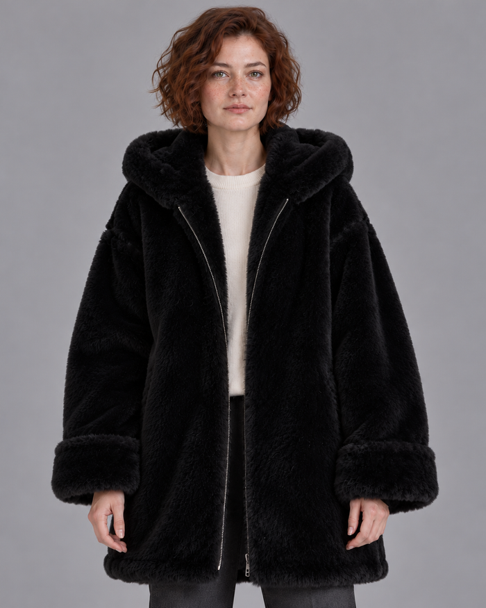 Women's Faux Shearling Coat - Hooded Mid Length Relaxed Fit Winter - Black - front view