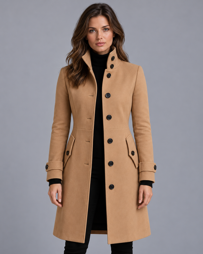 Women's High Neck Coat - Button Front Tailored Fit Side Pockets - Khaki - front view