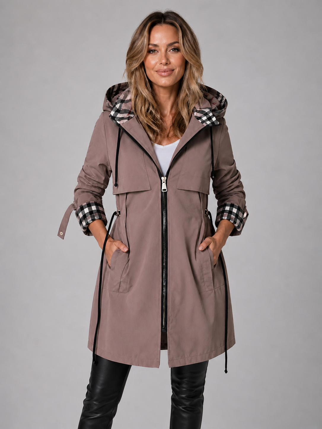 Women's Hooded Longline Zip Coat - front view