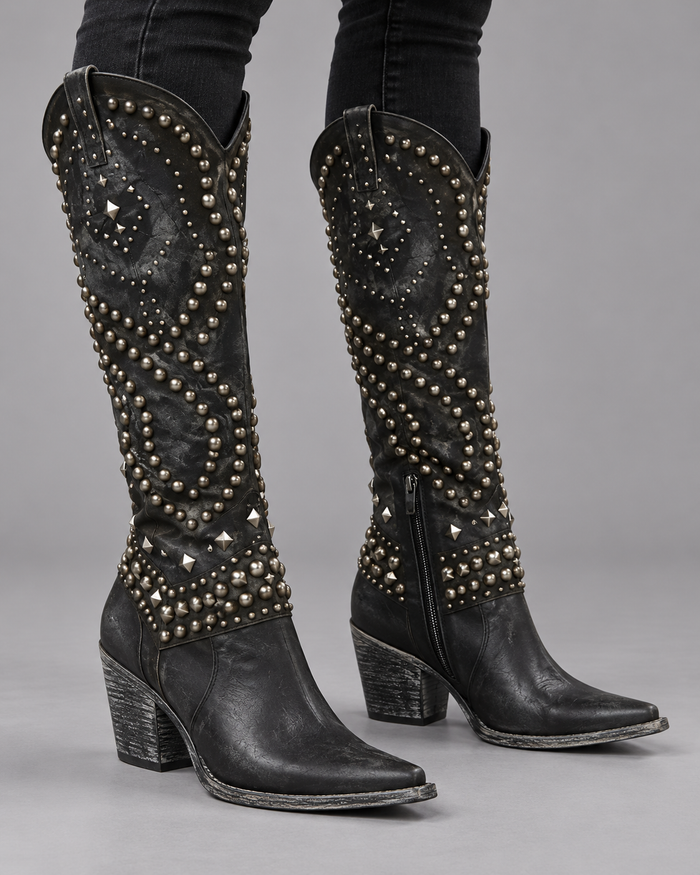 Women's Knee High Boots - Cowboy Studded Pointed Toe Block Heel - Black - front view