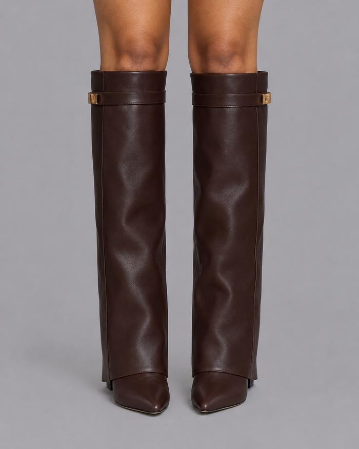 Women's Knee High Boots - Fold Over Cuff Buckle Detail Block Heel - Dark Brown - front view