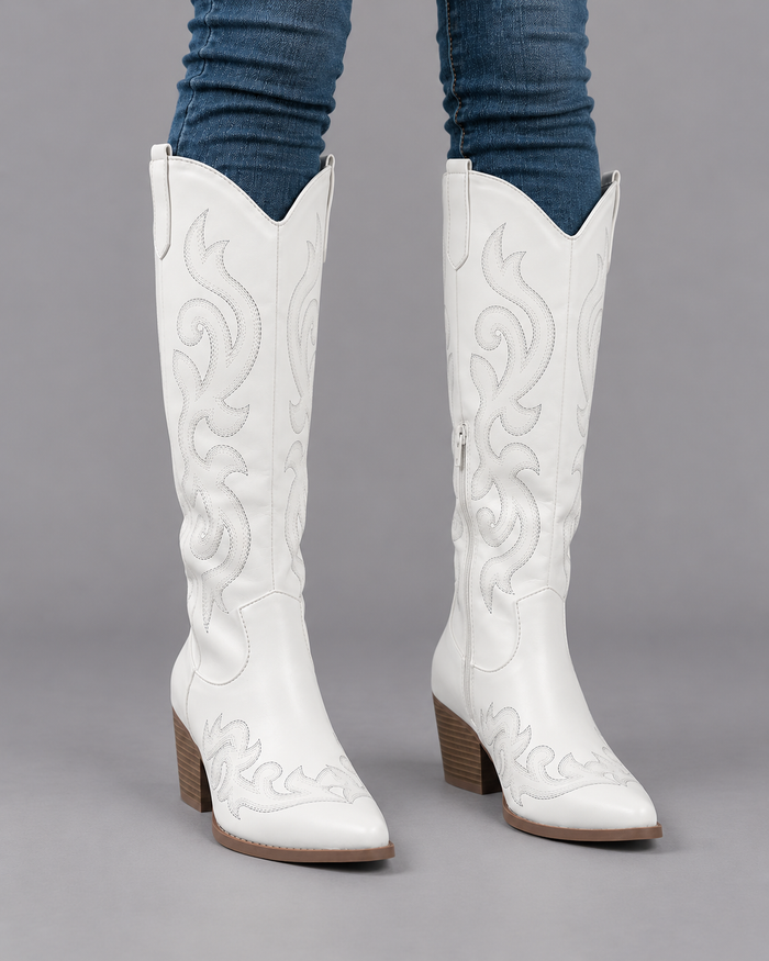 Women's Knee High Boots - Lined Leather Winter Boots Cushioned Sole - White - front view
