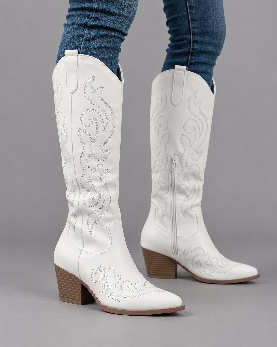Women's Knee High Boots - Lined Leather Winter Boots Cushioned Sole - White - side view