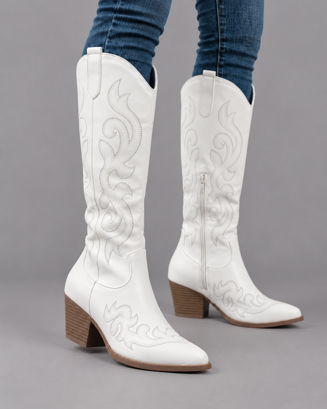 Women's Knee High Boots - Lined Leather Winter Boots Cushioned Sole - White - three-quarter view