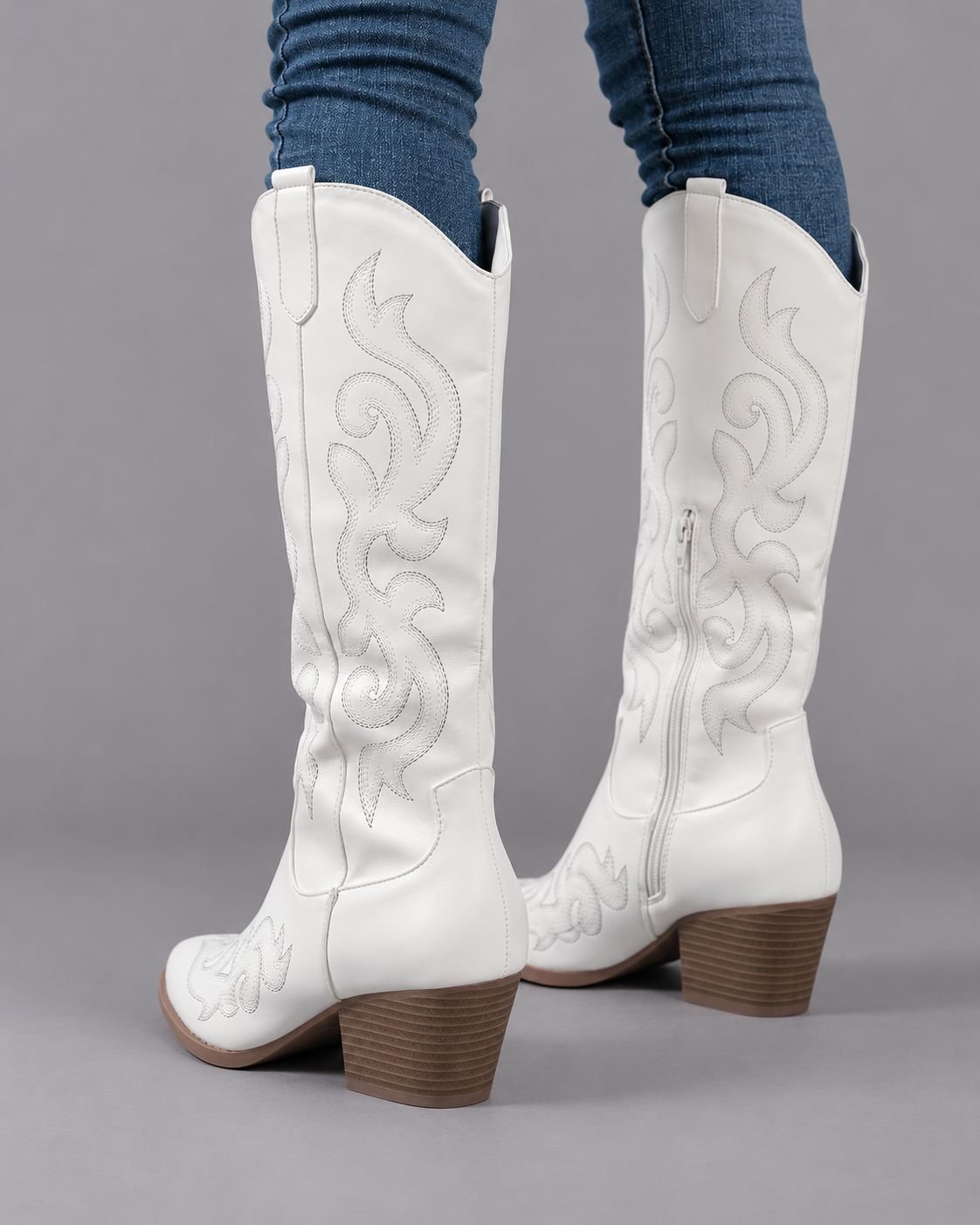 Women's Knee High Boots - Lined Leather Winter Boots Cushioned Sole - White - back view