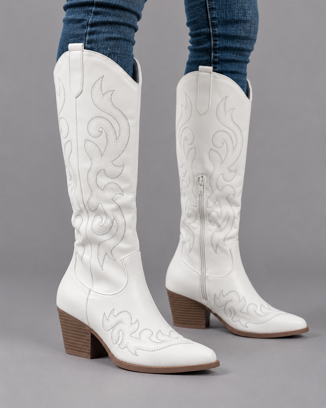 Women's Knee High Boots - Lined Leather Winter Boots Cushioned Sole - White - detail