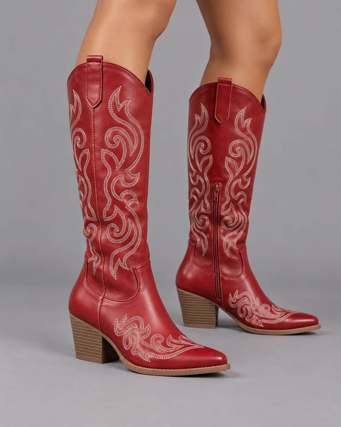 Women's Knee High Boots - Lined Leather Winter Boots Cushioned Sole - Red - front view