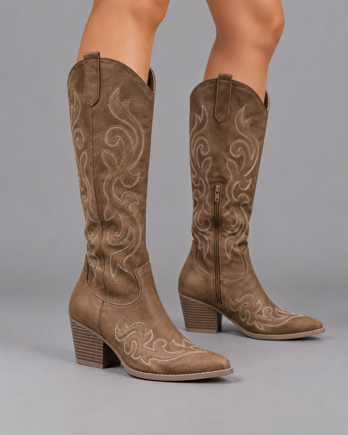 Women's Knee High Boots - Lined Leather Winter Boots Cushioned Sole - Brown - front view