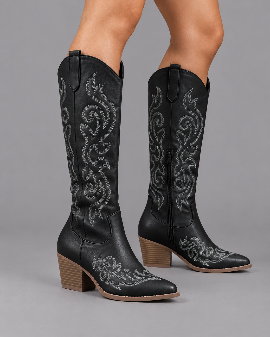 Women's Knee High Boots - Lined Leather Winter Boots Cushioned Sole - Black - front view