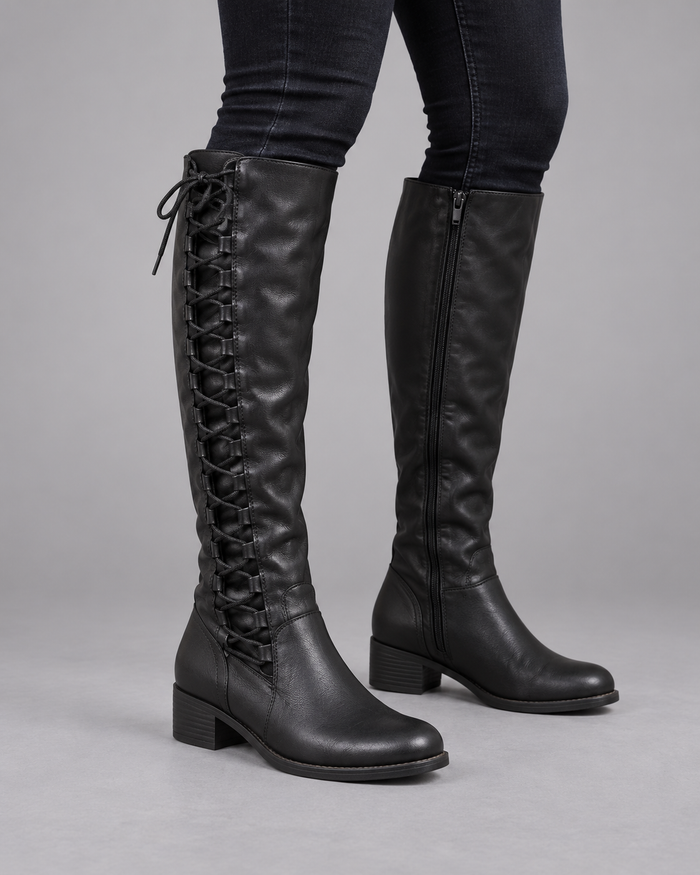 Women's Lace Up Boots - Tall Leather Warm Lined Low Block Heel - Black - front view