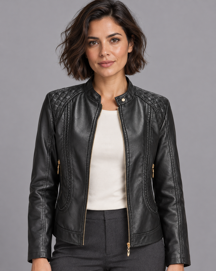 Women's Leather Jacket - Button Stand Collar Zip Front Zip Pockets - Black - front view