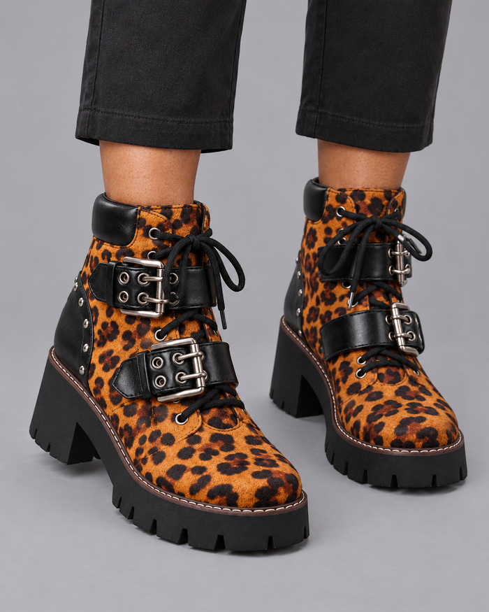 Women's Leopard Print Ankle Boots - Lace Up Buckle Chunky Lug Sole - Leopard - three-quarter view