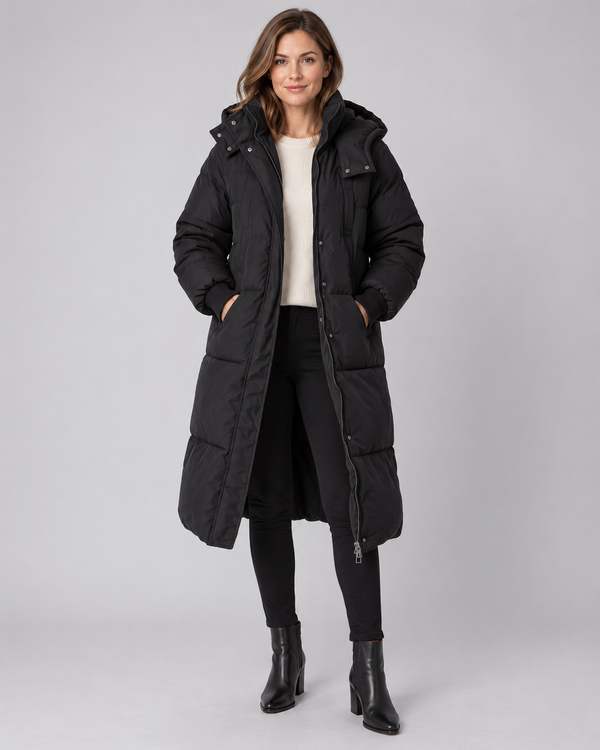 Women's Long Puffer Coat - Hooded Below Knee Insulated Winter Coat - Black - front view