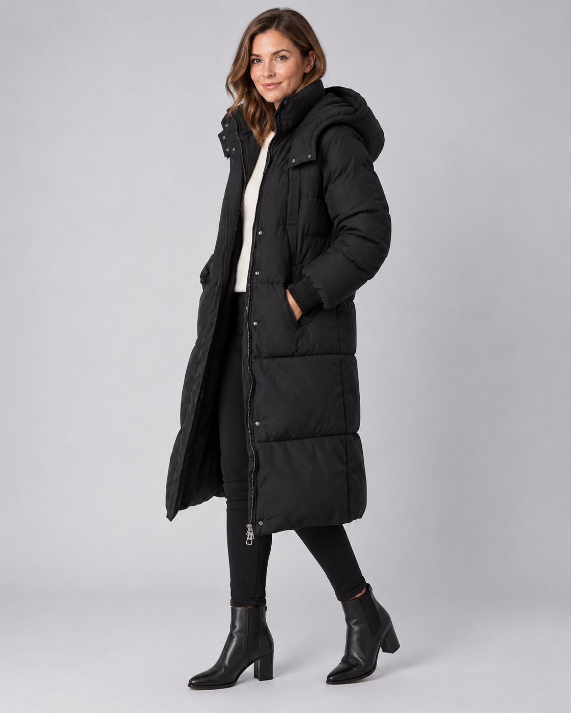 Women's Long Puffer Coat - Hooded Below Knee Insulated Winter Coat - Black - side view