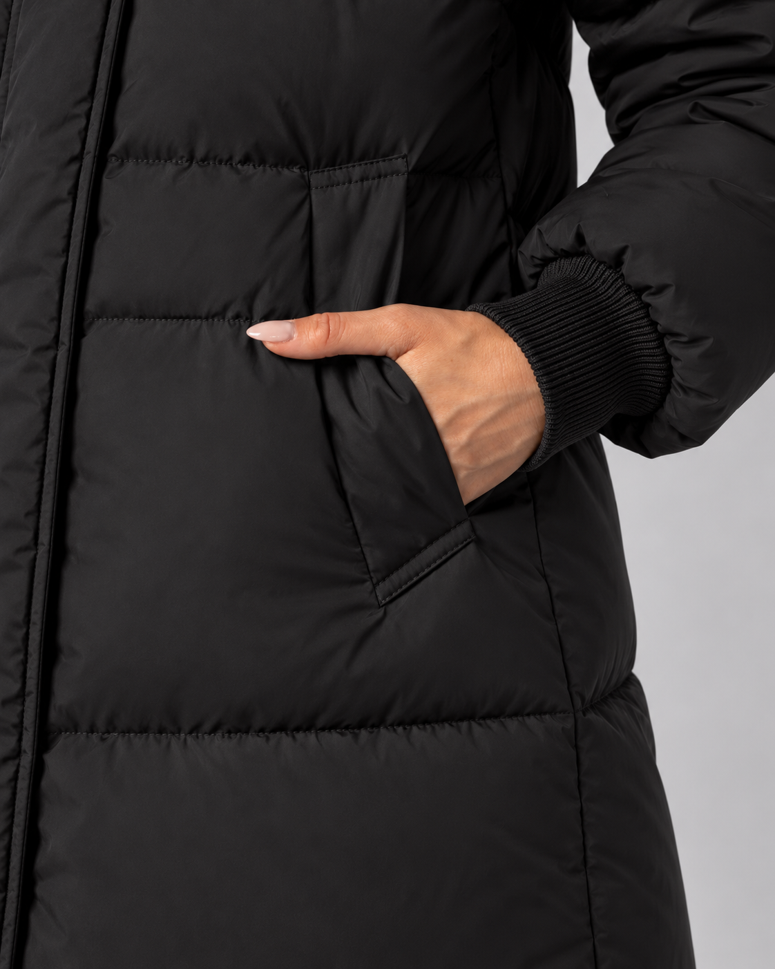 Women's Long Puffer Coat - Hooded Below Knee Insulated Winter Coat - Black - pocket detail