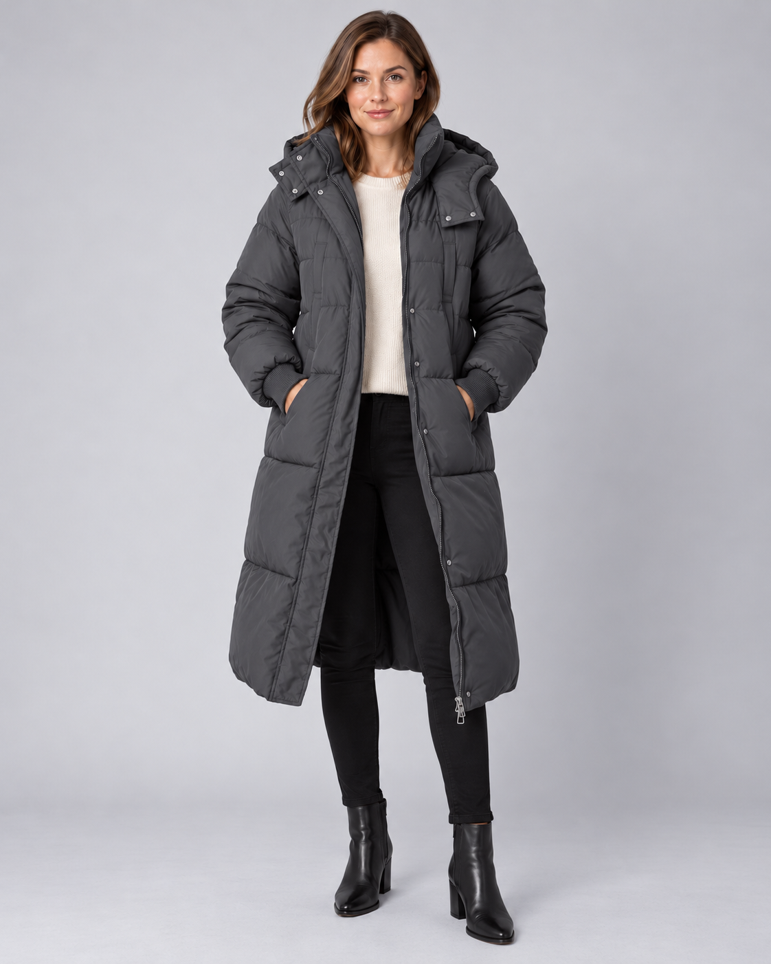 Women's Long Puffer Coat - Hooded Below Knee Insulated Winter Coat - Charcoal - front view