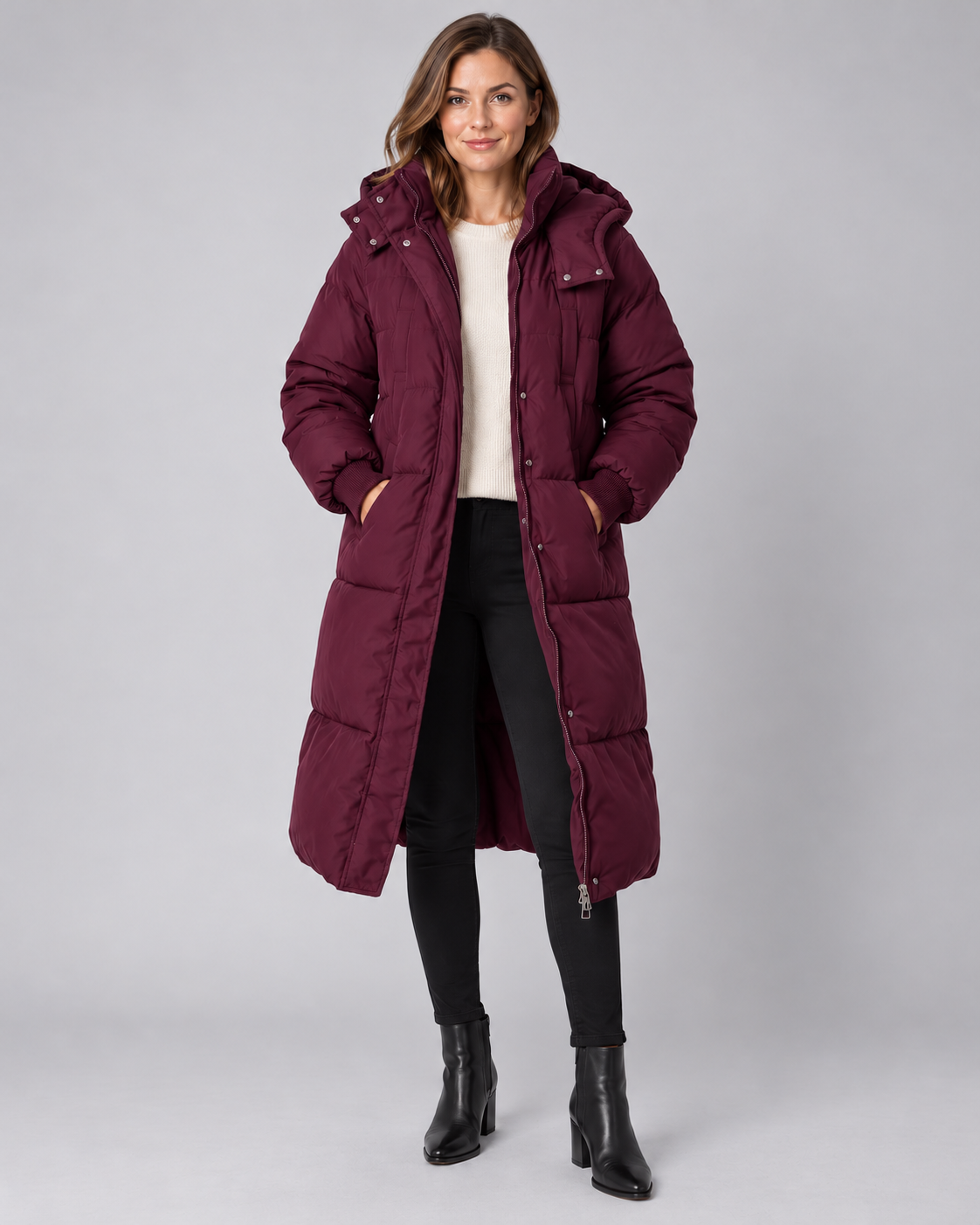 Women's Long Puffer Coat - Hooded Below Knee Insulated Winter Coat - Burgundy - front view