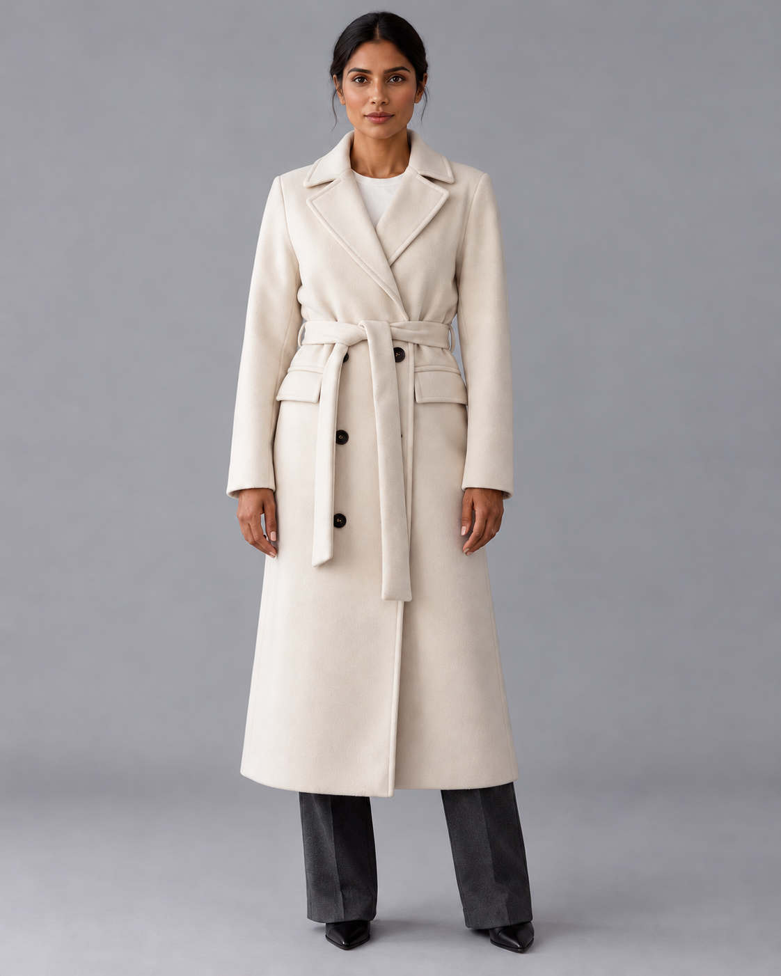Women's Long Trench Coat - Double Breasted Belted Notch Collar Classic - Cream - front view