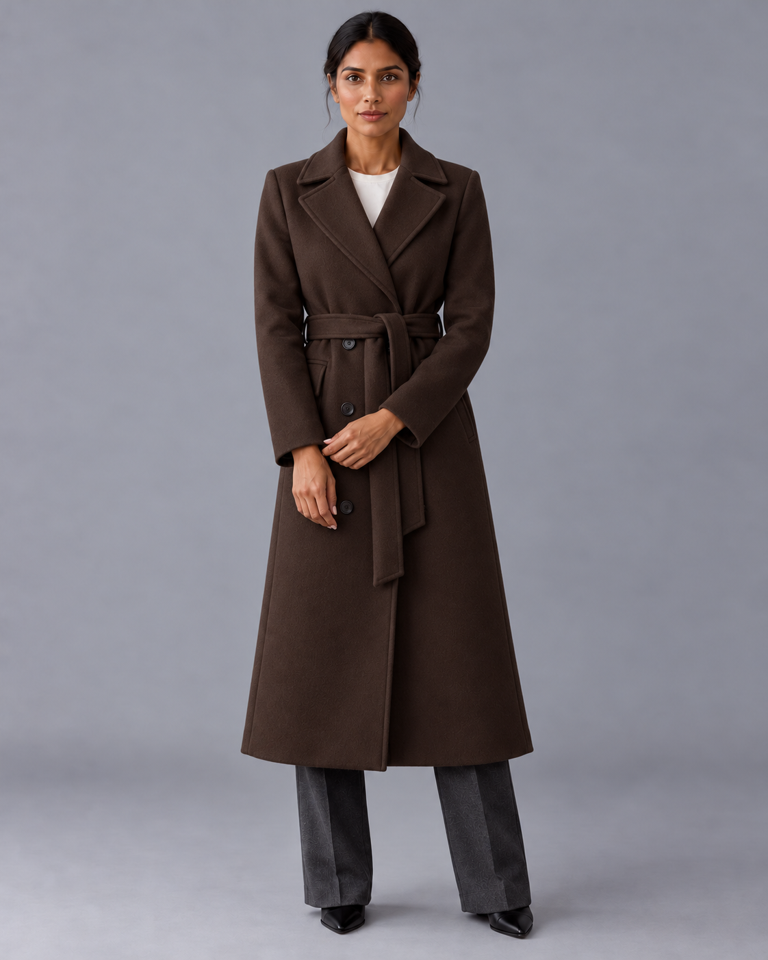 Women's Long Trench Coat - Double Breasted Belted Notch Collar Classic - Dark Brown - front view