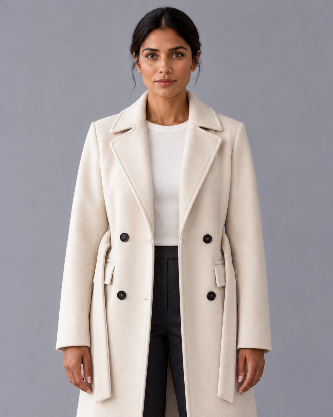 Women's Long Trench Coat - Double Breasted Belted Notch Collar Classic - Cream - styling shot