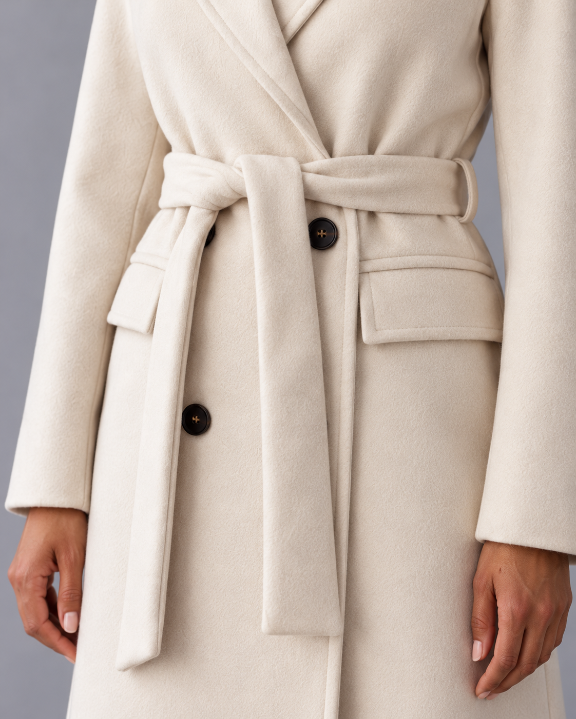 Women's Long Trench Coat - Double Breasted Belted Notch Collar Classic - Cream - detail