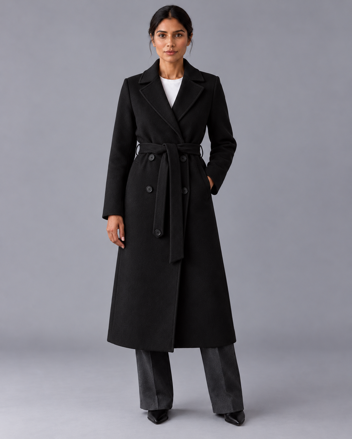 Women's Long Trench Coat - Double Breasted Belted Notch Collar Classic - Black - front view