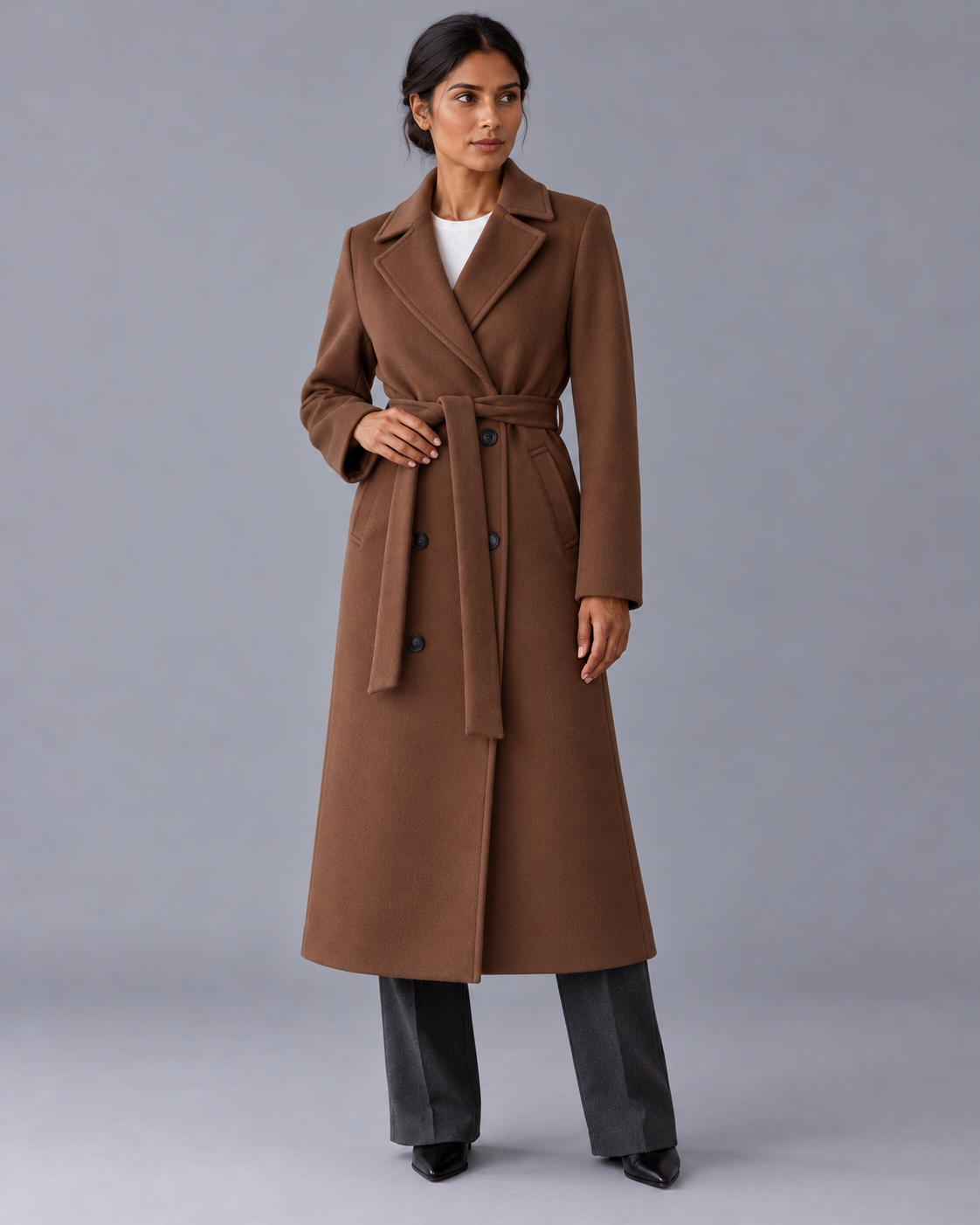 Women's Long Trench Coat - Double Breasted Belted Notch Collar Classic - Brown - front view
