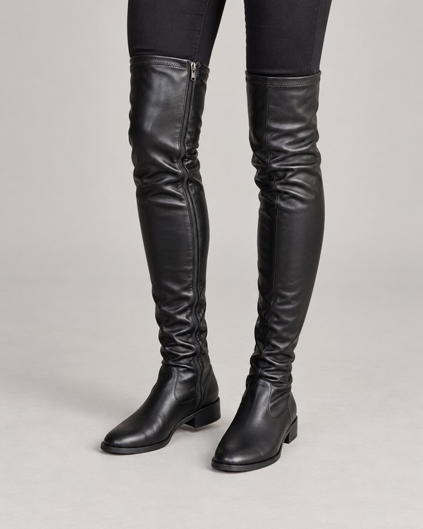 Women's Over The Knee Boots - Slim Fit Low Block Heel Side Zip - Black - front view