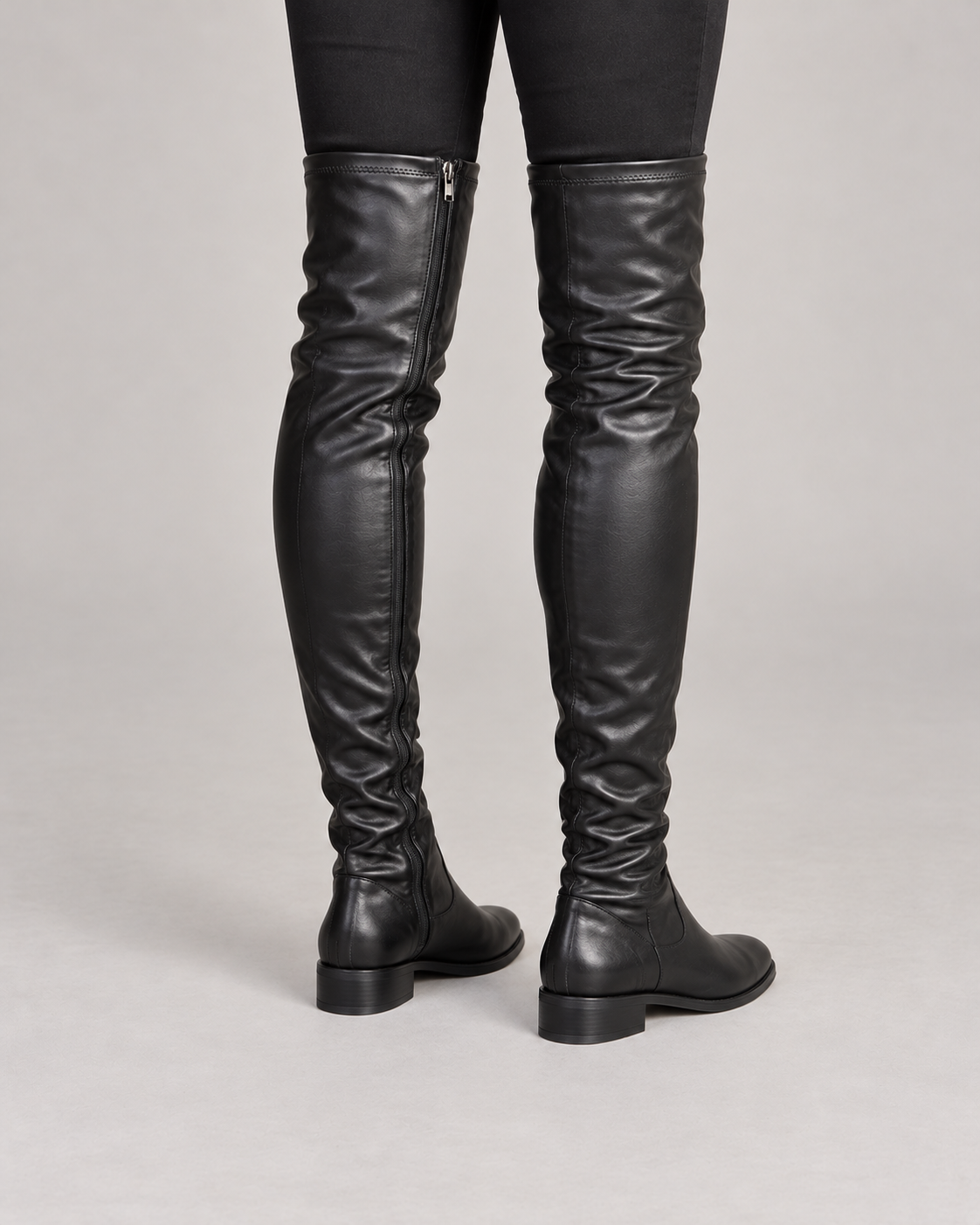 Women's Over The Knee Boots - Slim Fit Low Block Heel Side Zip - Black - rear view