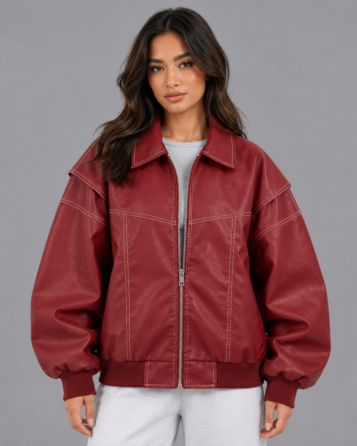 Women's Oversized Bomber Jacket - Relaxed Fit Statement Winter Layer - Burgundy - front view
