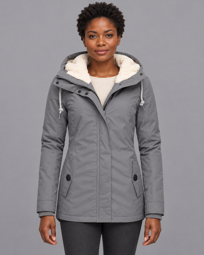 Women's Parka Coat - Sherpa Lined Hooded Water Resistant Slim Fit - Grey - front view