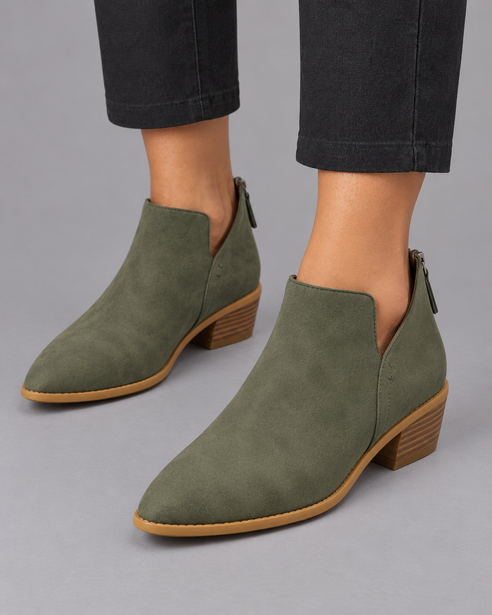 Women's Pointed Toe Ankle Boots - Low Block Heel Back Zip Stitched - Green - three-quarter view